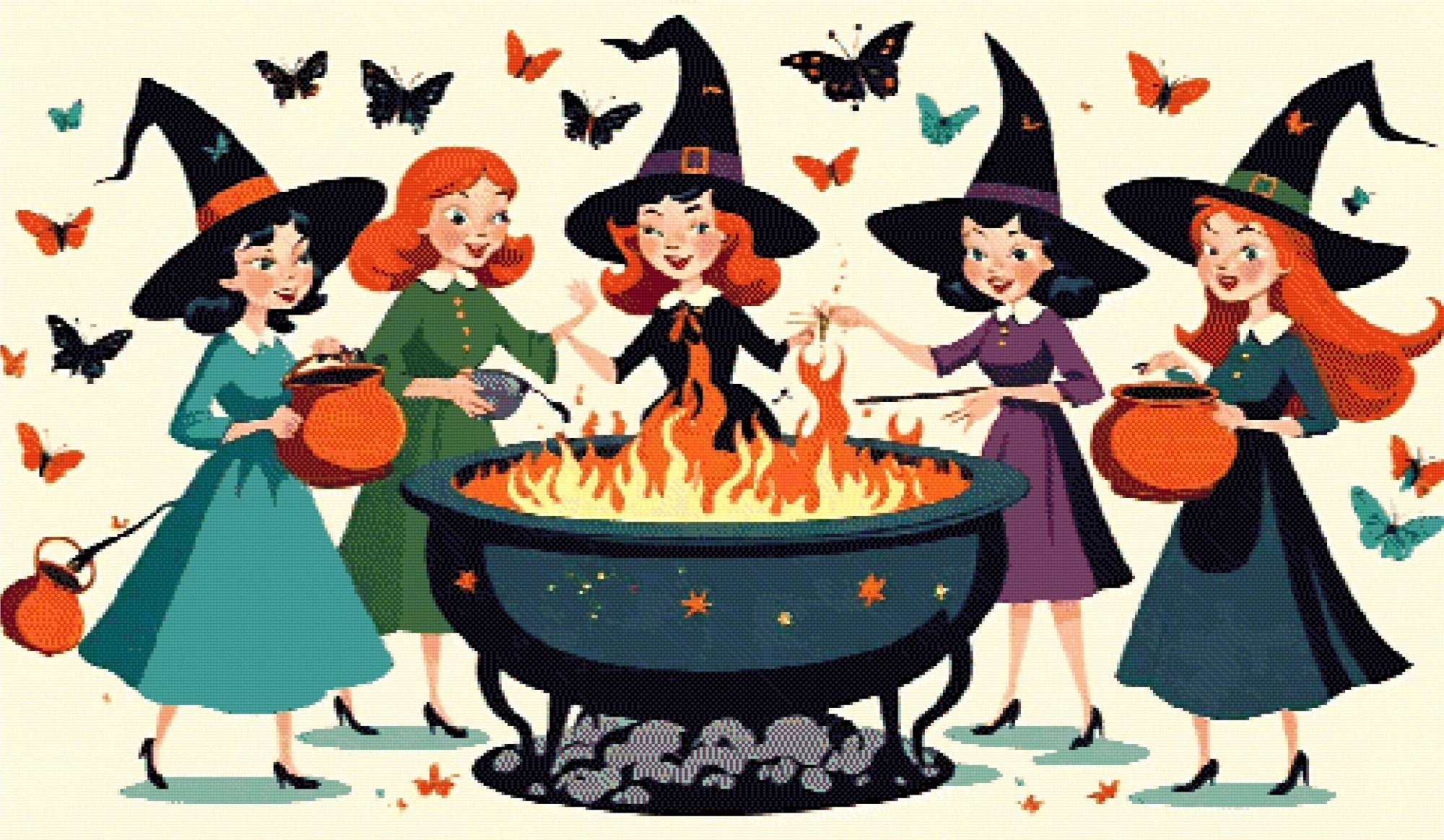 A Diamond Painting Rendering Of Four Cheerful Witches In Colourful Dresses And Hats Gather Around A Flaming Cauldron, Surrounded By Butterflies. Size - 120cm X 70cm
