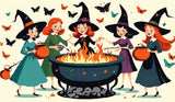 A Diamond Painting Rendering Of Four Cheerful Witches In Colourful Dresses And Hats Gather Around A Flaming Cauldron, Surrounded By Butterflies. Size - 120cm X 70cm
