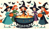 A Diamond Painting Rendering Of Four Cheerful Witches In Colourful Dresses And Hats Gather Around A Flaming Cauldron, Surrounded By Butterflies. Size - 50cm X 30cm