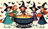 A Diamond Painting Rendering Of Four Cheerful Witches In Colourful Dresses And Hats Gather Around A Flaming Cauldron, Surrounded By Butterflies. Size - 50cm X 30cm