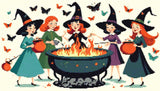 A Diamond Painting Rendering Of Four Cheerful Witches In Colourful Dresses And Hats Gather Around A Flaming Cauldron, Surrounded By Butterflies. Size - 70cm X 40cm
