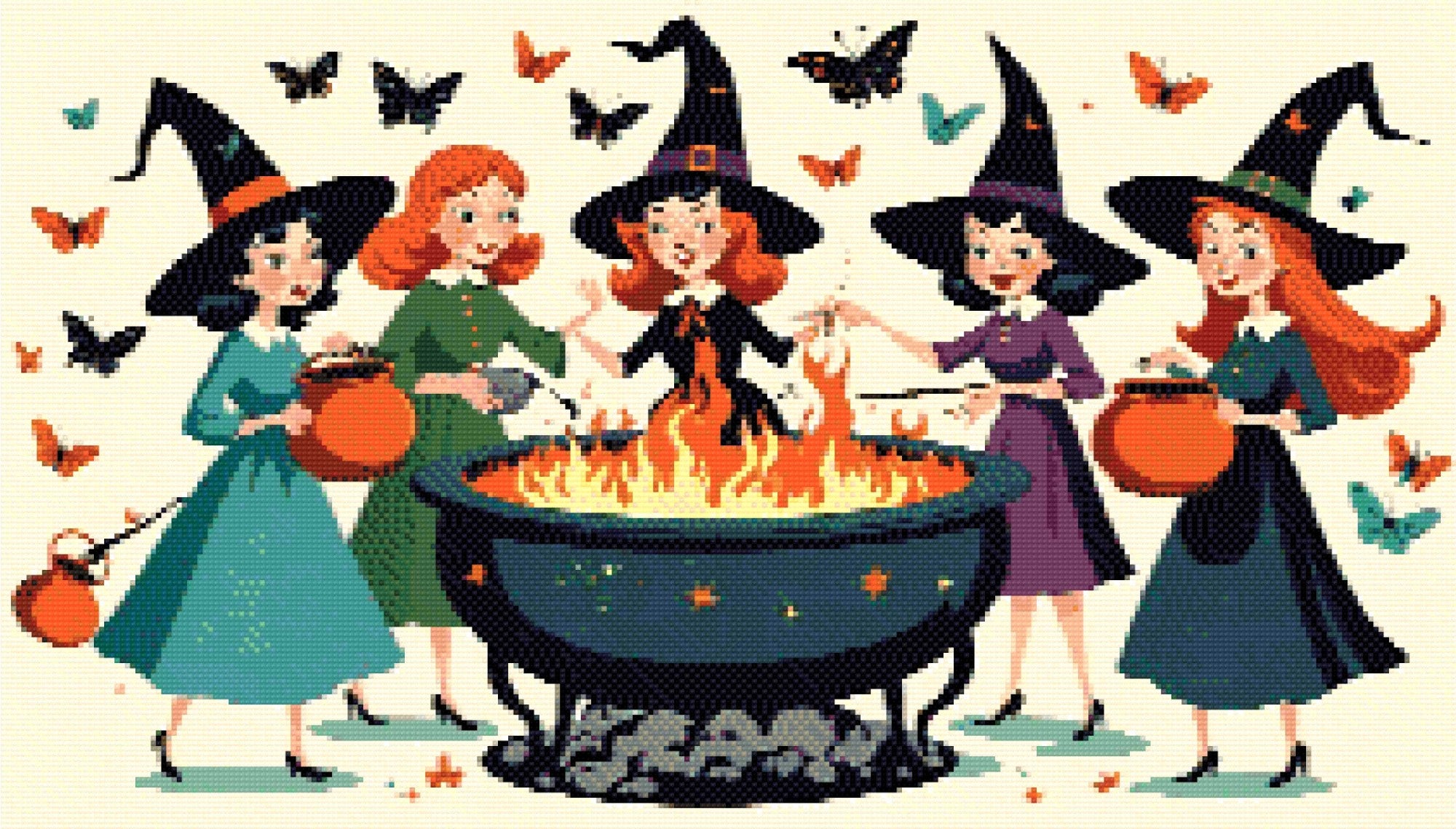 A Diamond Painting Rendering Of Four Cheerful Witches In Colourful Dresses And Hats Gather Around A Flaming Cauldron, Surrounded By Butterflies. Size - 70cm X 40cm