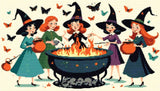 A Diamond Painting Rendering Of Four Cheerful Witches In Colourful Dresses And Hats Gather Around A Flaming Cauldron, Surrounded By Butterflies. Size - 70cm X 40cm