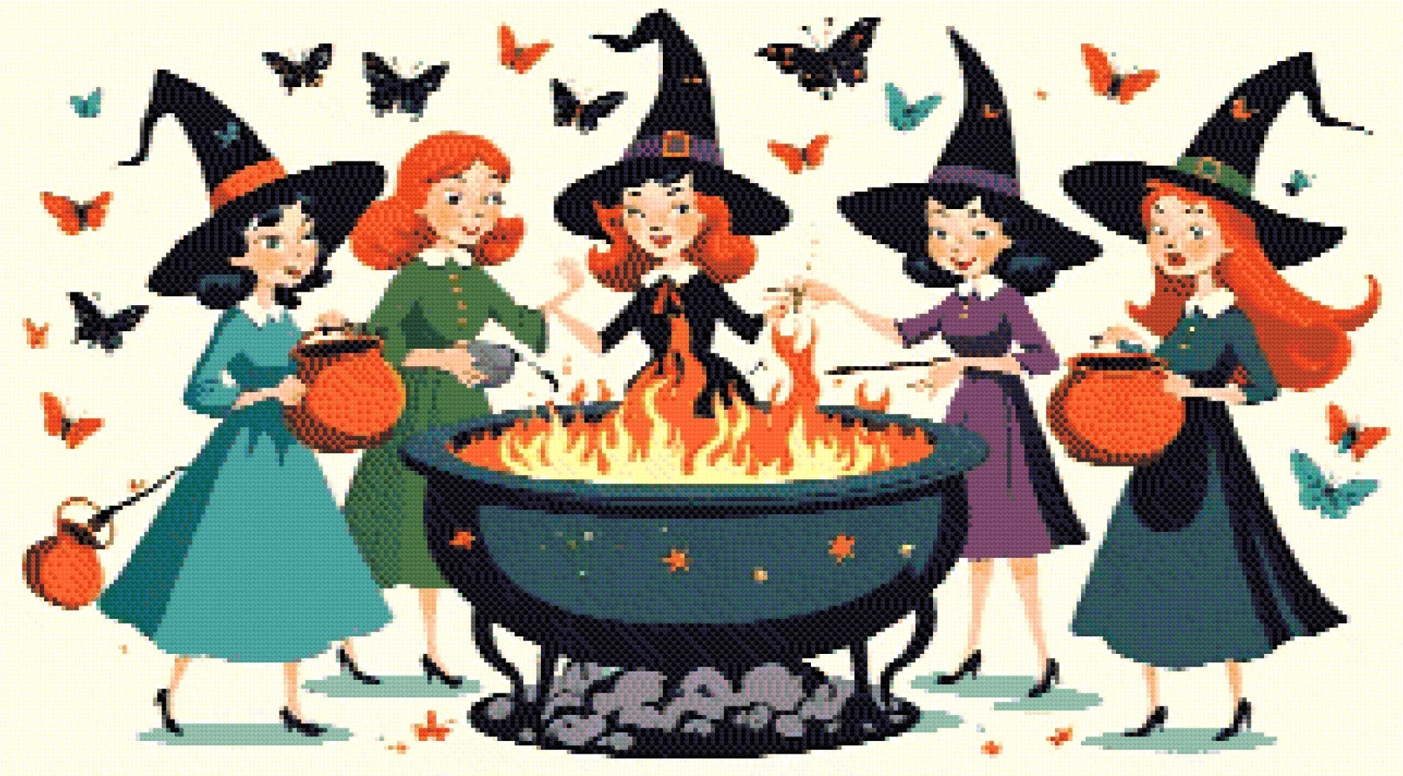 A Diamond Painting Rendering Of Four Cheerful Witches In Colourful Dresses And Hats Gather Around A Flaming Cauldron, Surrounded By Butterflies. Size - 90cm X 50cm
