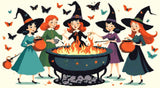 A Diamond Painting Rendering Of Four Cheerful Witches In Colourful Dresses And Hats Gather Around A Flaming Cauldron, Surrounded By Butterflies. Size - 90cm X 50cm