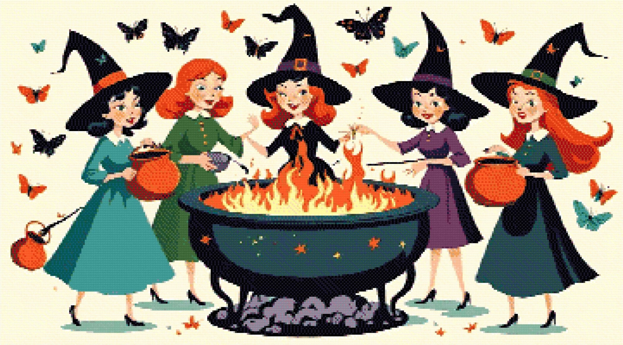 A Diamond Painting Rendering Of Four Cheerful Witches In Colourful Dresses And Hats Gather Around A Flaming Cauldron, Surrounded By Butterflies. Size - 90cm X 50cm