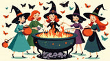 A Diamond Painting Rendering Of Four Cheerful Witches In Colourful Dresses And Hats Gather Around A Flaming Cauldron, Surrounded By Butterflies. Size - 90cm X 50cm