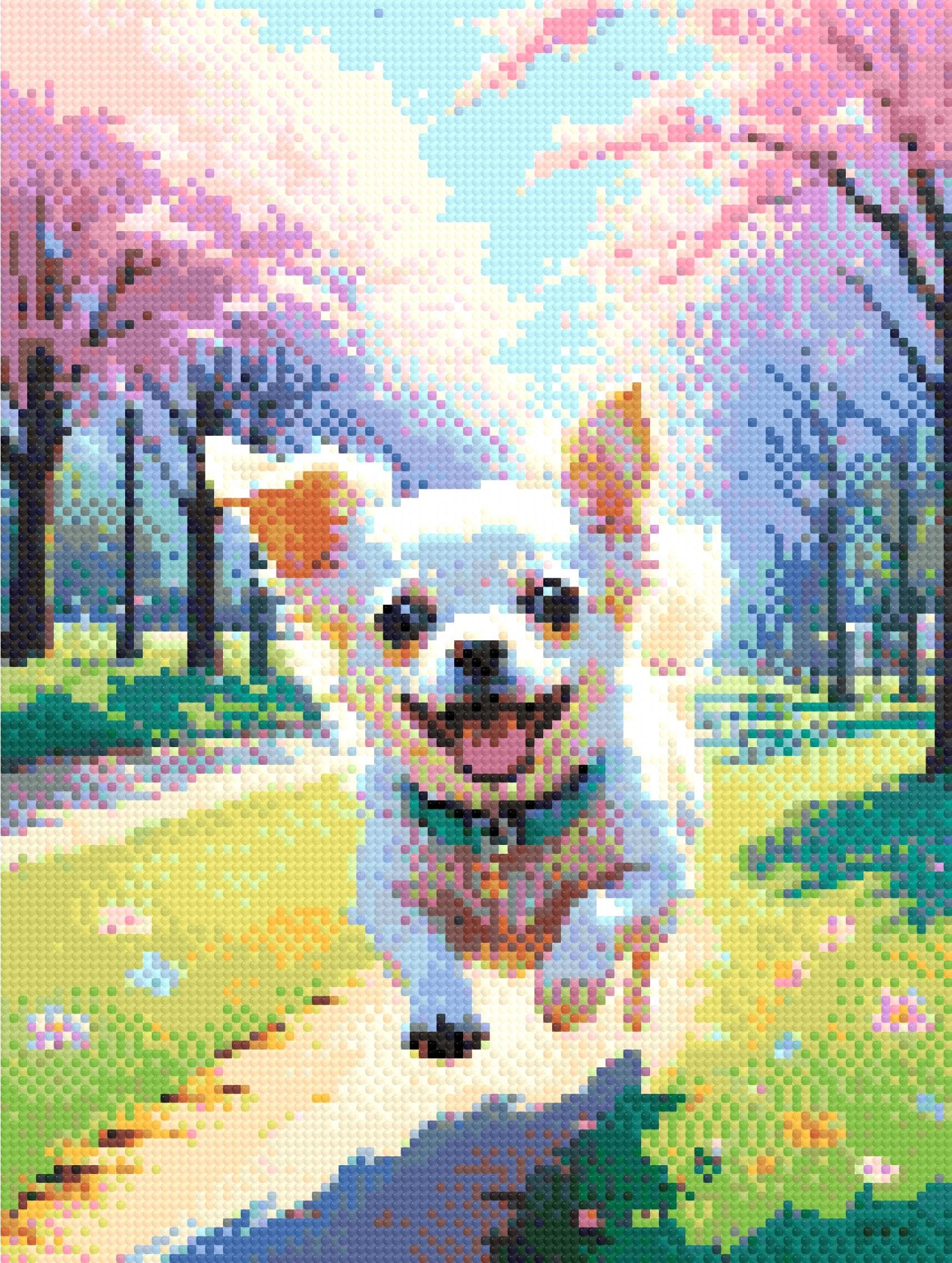 A Diamond Painting Rendering Of A Joyful White Chihuahua Runs Down A Park Path Lined With Cherry Blossoms And Colourful Flowers, Full Of Energy And Excitement. Size - 30cm X 40cm