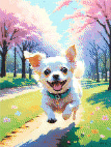 A Diamond Painting Rendering Of A Joyful White Chihuahua Runs Down A Park Path Lined With Cherry Blossoms And Colourful Flowers, Full Of Energy And Excitement. Size - 30cm X 40cm