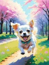 A Diamond Painting Rendering Of A Joyful White Chihuahua Runs Down A Park Path Lined With Cherry Blossoms And Colourful Flowers, Full Of Energy And Excitement. Size - 30cm X 40cm