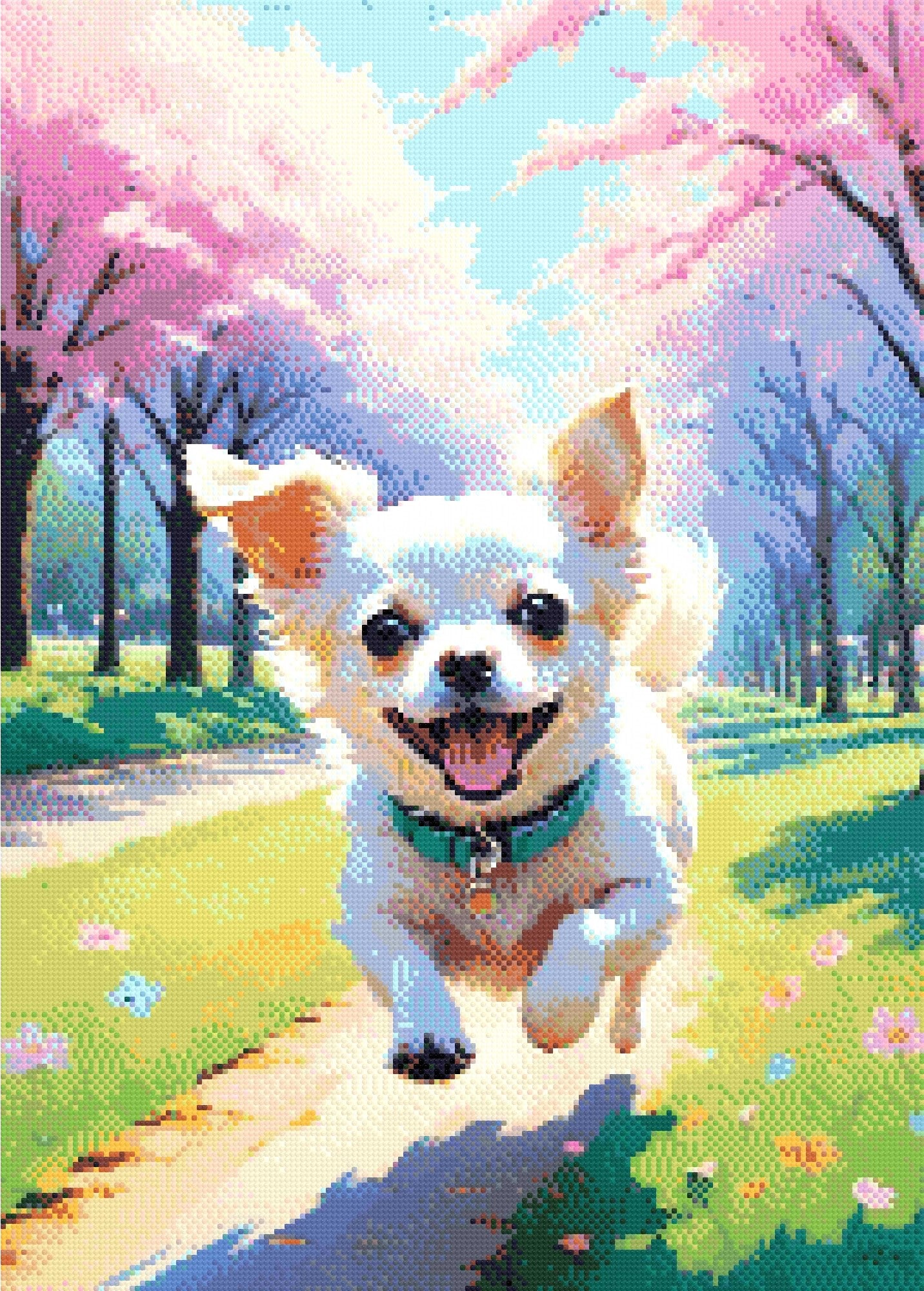 A Diamond Painting Rendering Of A Joyful White Chihuahua Runs Down A Park Path Lined With Cherry Blossoms And Colourful Flowers, Full Of Energy And Excitement. Size - 50cm X 70cm
