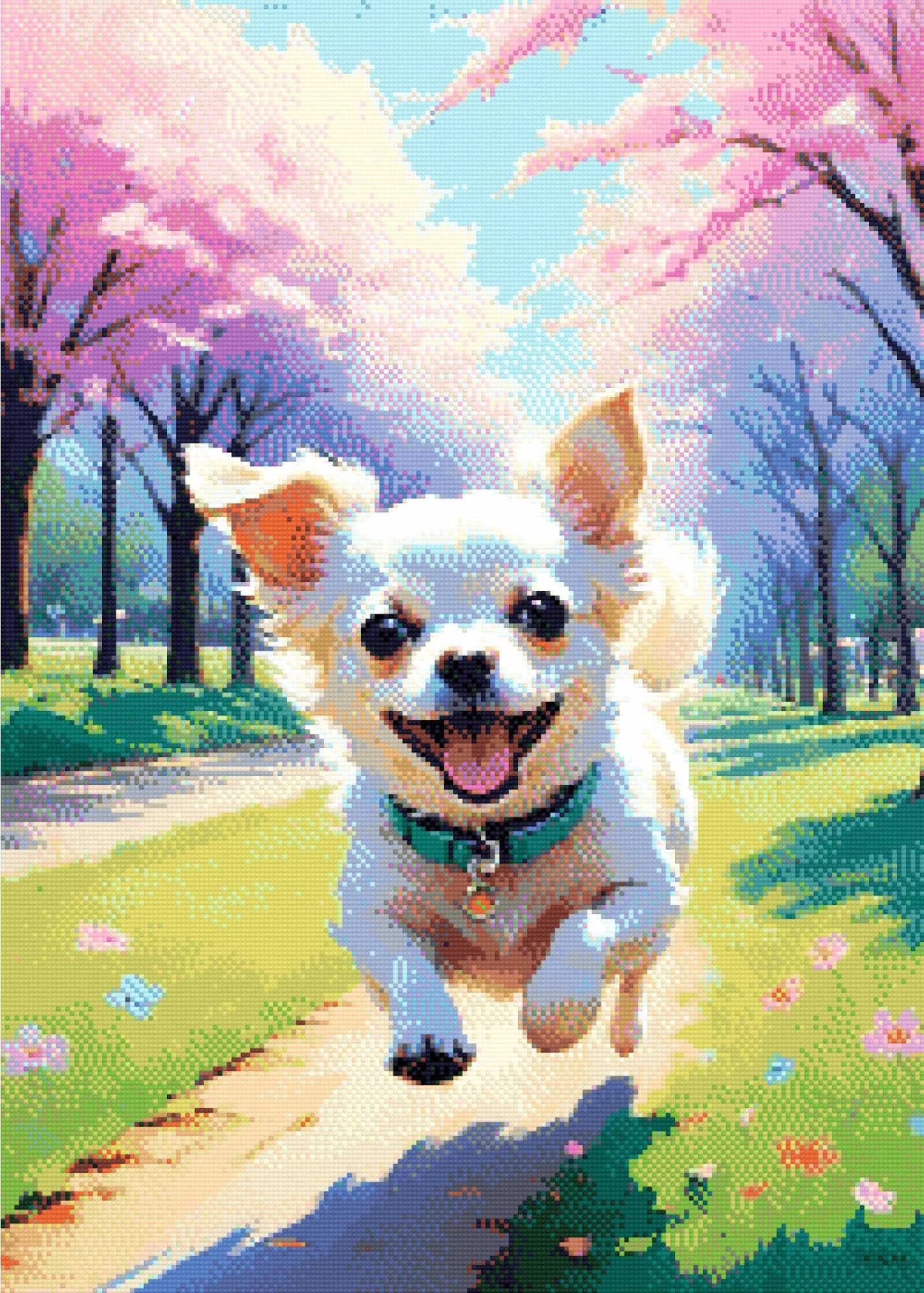 A Diamond Painting Rendering Of A Joyful White Chihuahua Runs Down A Park Path Lined With Cherry Blossoms And Colourful Flowers, Full Of Energy And Excitement. Size - 50cm X 70cm