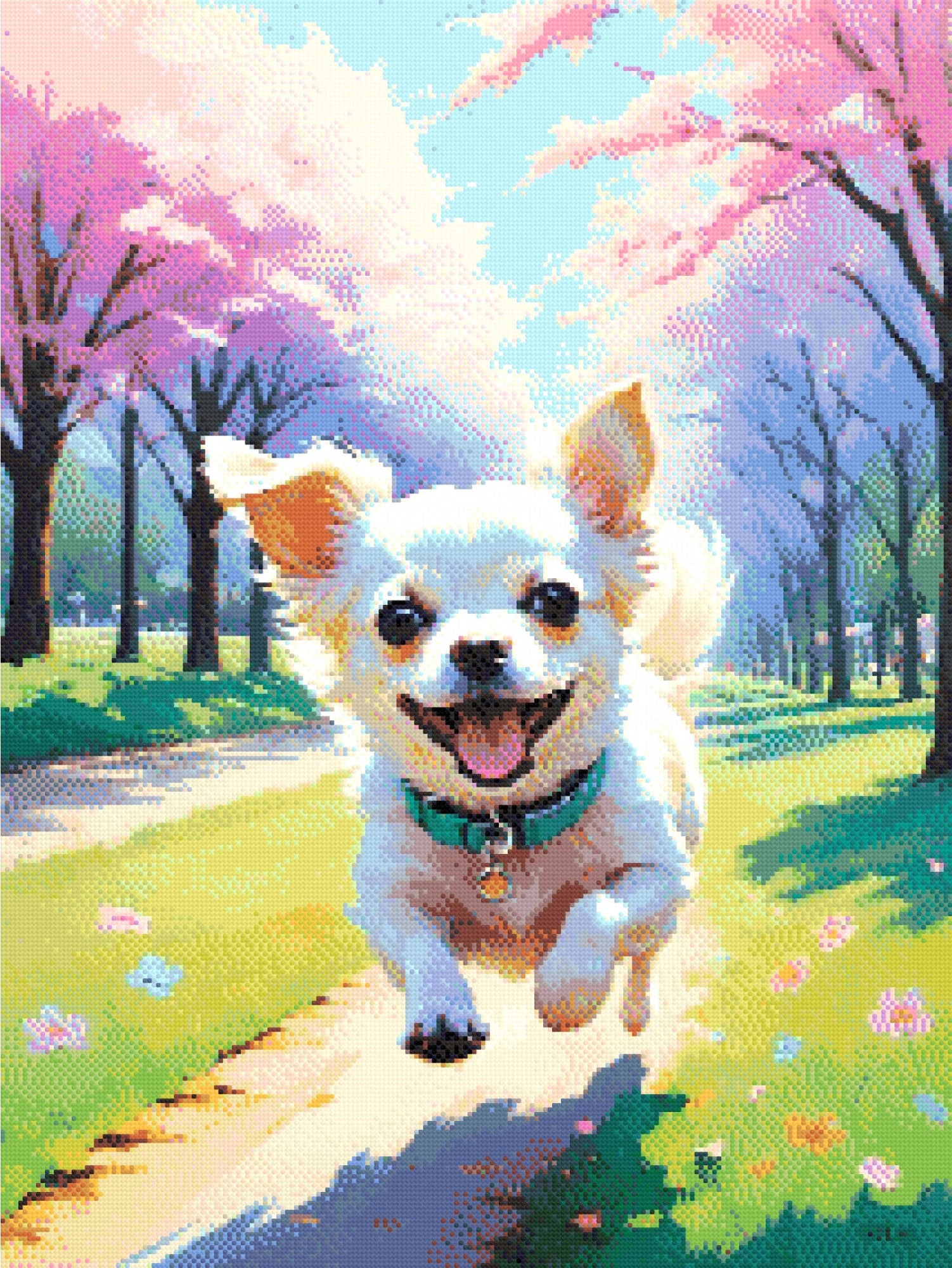 A Diamond Painting Rendering Of A Joyful White Chihuahua Runs Down A Park Path Lined With Cherry Blossoms And Colourful Flowers, Full Of Energy And Excitement. Size - 60cm X 80cm