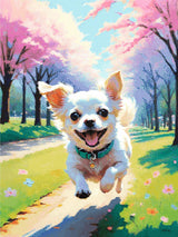 A Diamond Painting Rendering Of A Joyful White Chihuahua Runs Down A Park Path Lined With Cherry Blossoms And Colourful Flowers, Full Of Energy And Excitement. Size - 60cm X 80cm