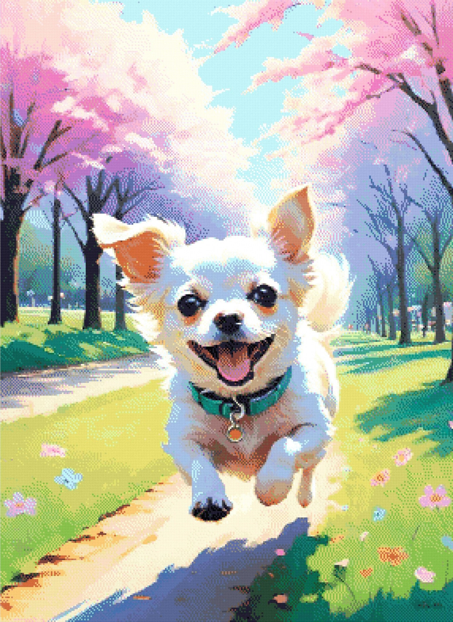 A Diamond Painting Rendering Of A Joyful White Chihuahua Runs Down A Park Path Lined With Cherry Blossoms And Colourful Flowers, Full Of Energy And Excitement. Size - 80cm X 110cm