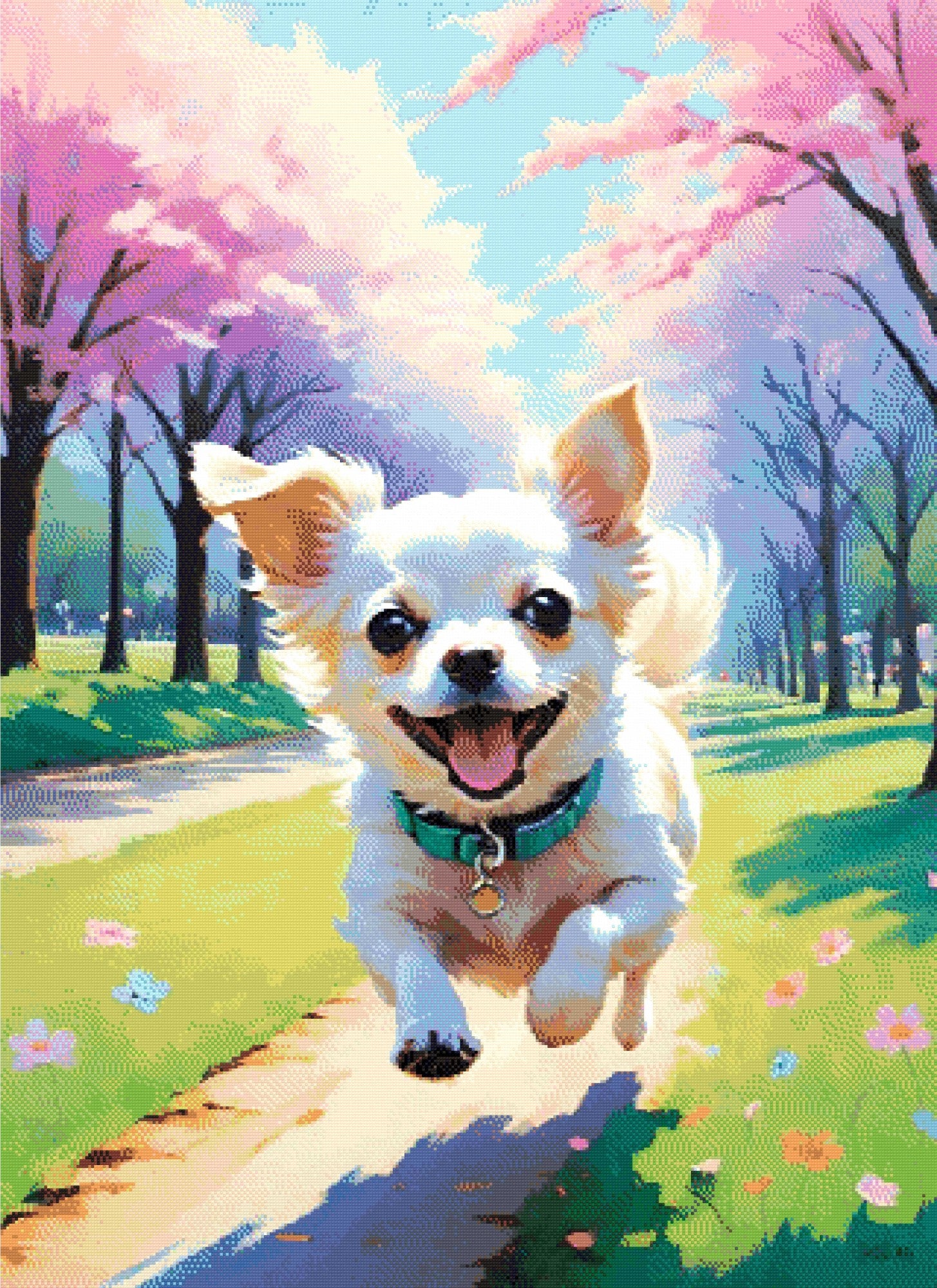 A Diamond Painting Rendering Of A Joyful White Chihuahua Runs Down A Park Path Lined With Cherry Blossoms And Colourful Flowers, Full Of Energy And Excitement. Size - 80cm X 110cm