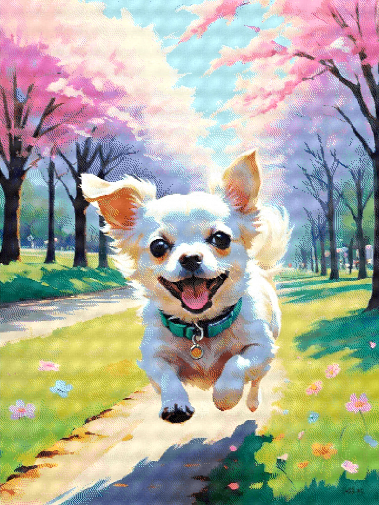 A Diamond Painting Rendering Of A Joyful White Chihuahua Runs Down A Park Path Lined With Cherry Blossoms And Colourful Flowers, Full Of Energy And Excitement. Size - 90cm X 120cm
