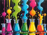 A Diamond Painting Rendering Of Glass Beakers Overflow With Bright Neon Liquids In Various Colours, Creating A Vibrant And Playful Display Of Colours. Size - 120cm X 90cm
