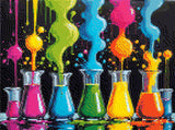 A Diamond Painting Rendering Of Glass Beakers Overflow With Bright Neon Liquids In Various Colours, Creating A Vibrant And Playful Display Of Colours. Size - 40cm X 30cm