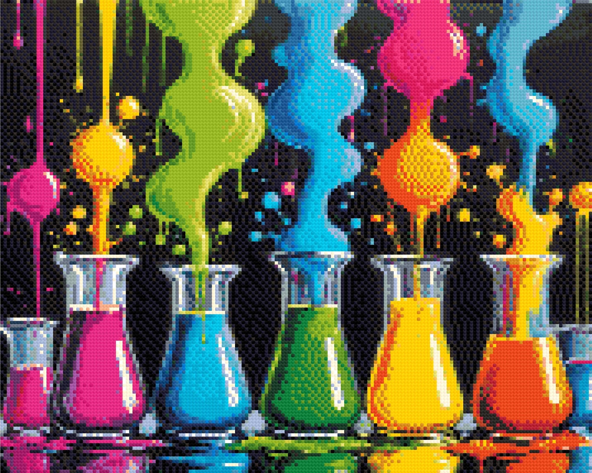 A Diamond Painting Rendering Of Glass Beakers Overflow With Bright Neon Liquids In Various Colours, Creating A Vibrant And Playful Display Of Colours. Size - 50cm X 40cm