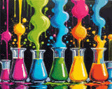 A Diamond Painting Rendering Of Glass Beakers Overflow With Bright Neon Liquids In Various Colours, Creating A Vibrant And Playful Display Of Colours. Size - 50cm X 40cm