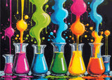 A Diamond Painting Rendering Of Glass Beakers Overflow With Bright Neon Liquids In Various Colours, Creating A Vibrant And Playful Display Of Colours. Size - 70cm X 50cm