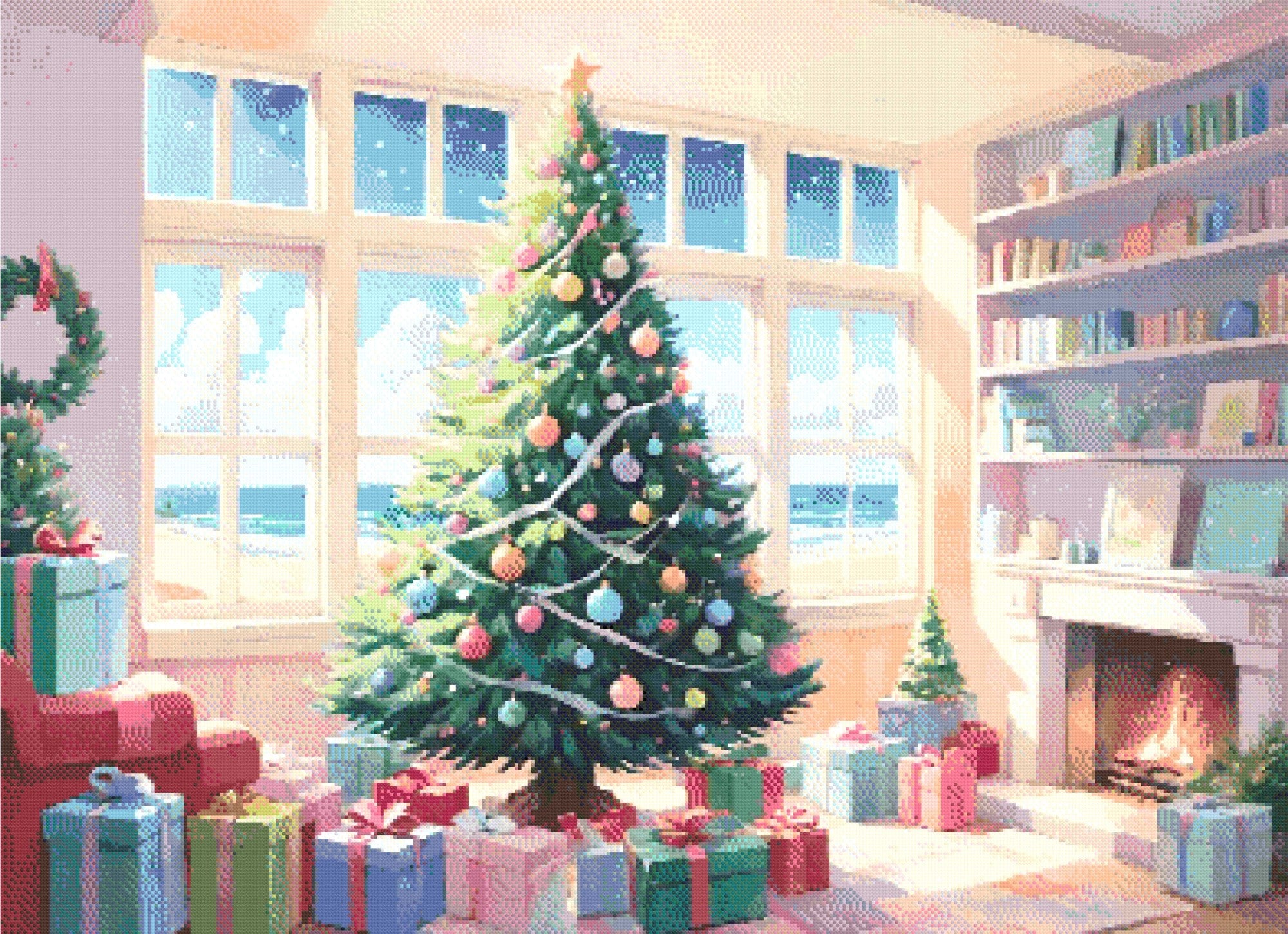A Diamond Painting Rendering Of A Decorated Christmas Tree Near A Window Overlooking A Sunny Beach, With Gifts And A Fireplace Creating A Festive Atmosphere. Size - 110cm X 80cm