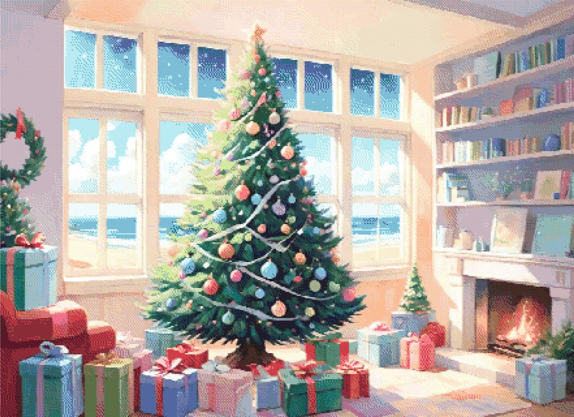 A Diamond Painting Rendering Of A Decorated Christmas Tree Near A Window Overlooking A Sunny Beach, With Gifts And A Fireplace Creating A Festive Atmosphere. Size - 110cm X 80cm