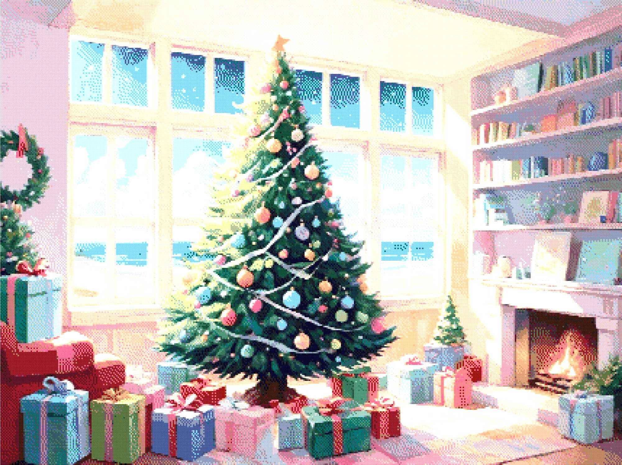 A Diamond Painting Rendering Of A Decorated Christmas Tree Near A Window Overlooking A Sunny Beach, With Gifts And A Fireplace Creating A Festive Atmosphere. Size - 120cm X 90cm