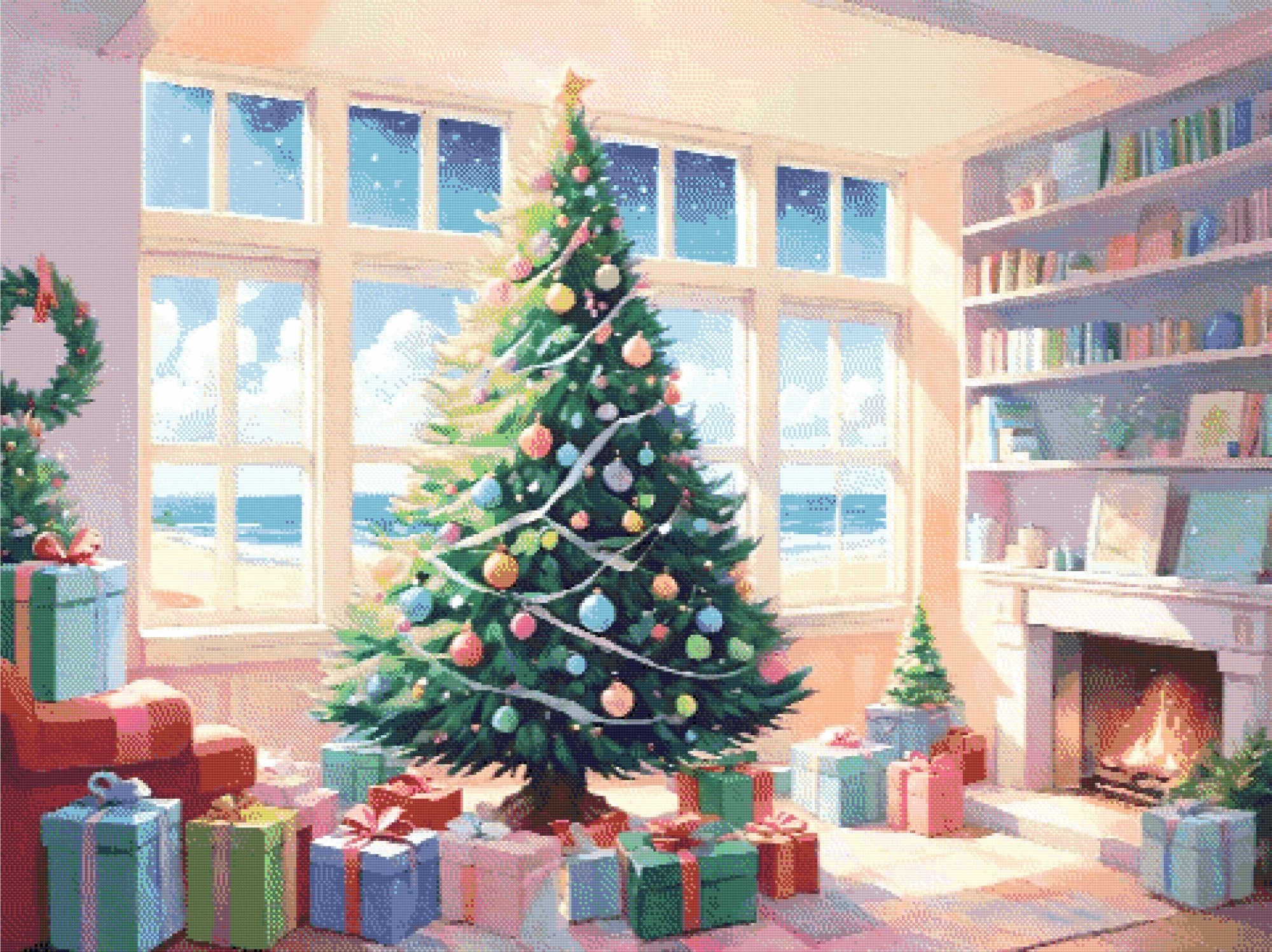A Diamond Painting Rendering Of A Decorated Christmas Tree Near A Window Overlooking A Sunny Beach, With Gifts And A Fireplace Creating A Festive Atmosphere. Size - 120cm X 90cm