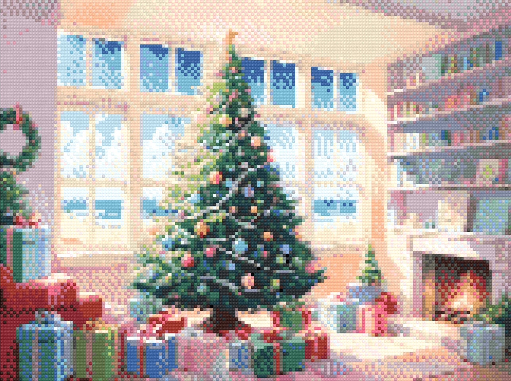 A Diamond Painting Rendering Of A Decorated Christmas Tree Near A Window Overlooking A Sunny Beach, With Gifts And A Fireplace Creating A Festive Atmosphere. Size - 40cm X 30cm