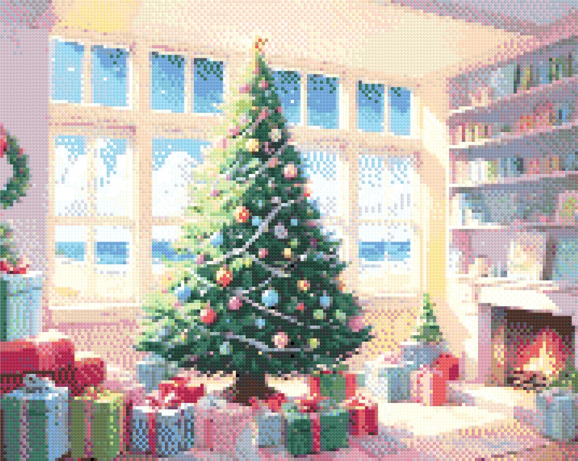 A Diamond Painting Rendering Of A Decorated Christmas Tree Near A Window Overlooking A Sunny Beach, With Gifts And A Fireplace Creating A Festive Atmosphere. Size - 50cm X 40cm