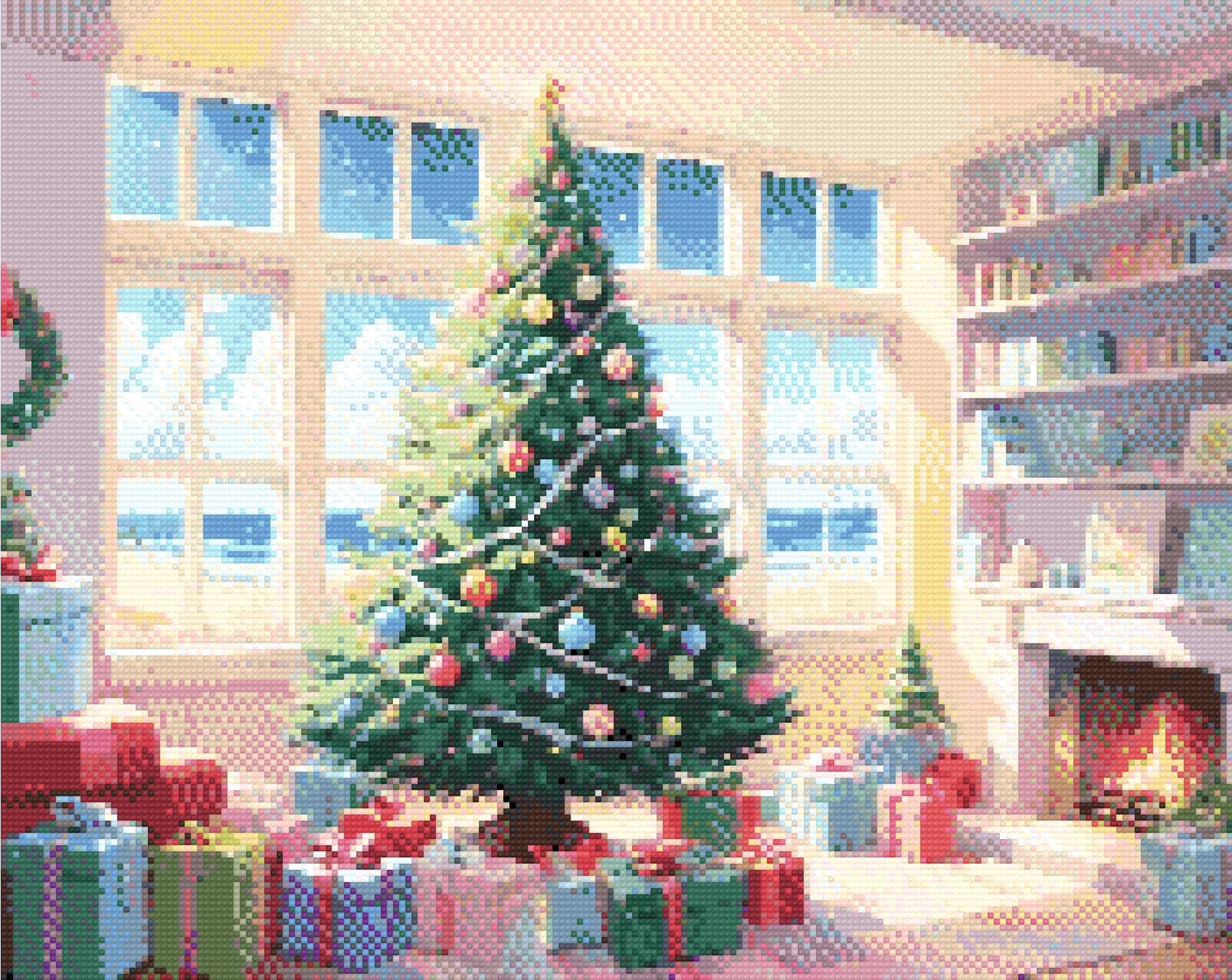 A Diamond Painting Rendering Of A Decorated Christmas Tree Near A Window Overlooking A Sunny Beach, With Gifts And A Fireplace Creating A Festive Atmosphere. Size - 50cm X 40cm