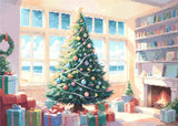 A Diamond Painting Rendering Of A Decorated Christmas Tree Near A Window Overlooking A Sunny Beach, With Gifts And A Fireplace Creating A Festive Atmosphere. Size - 70cm X 50cm