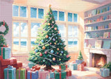 A Diamond Painting Rendering Of A Decorated Christmas Tree Near A Window Overlooking A Sunny Beach, With Gifts And A Fireplace Creating A Festive Atmosphere. Size - 70cm X 50cm