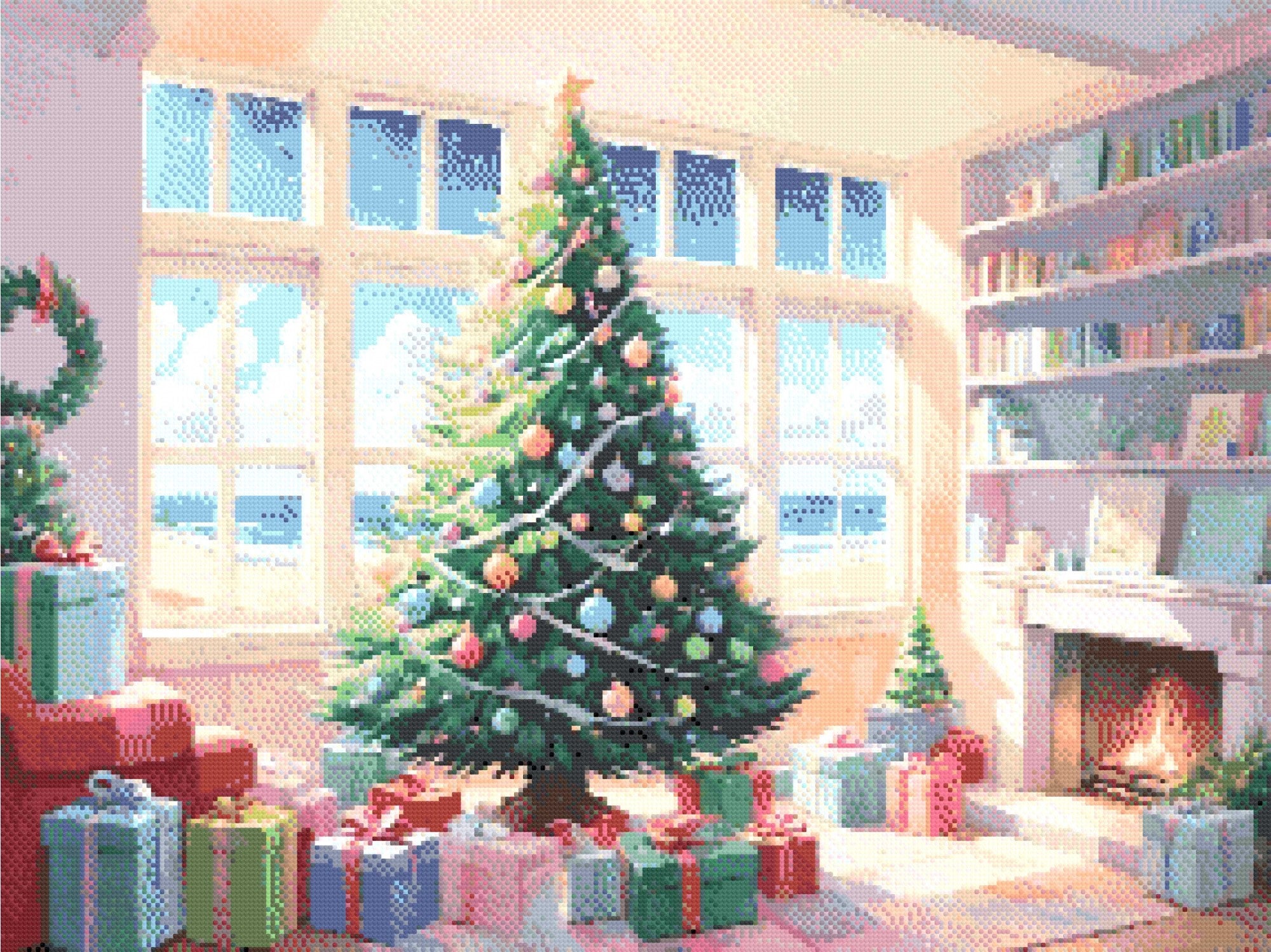 A Diamond Painting Rendering Of A Decorated Christmas Tree Near A Window Overlooking A Sunny Beach, With Gifts And A Fireplace Creating A Festive Atmosphere. Size - 80cm X 60cm