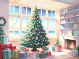 A Diamond Painting Rendering Of A Decorated Christmas Tree Near A Window Overlooking A Sunny Beach, With Gifts And A Fireplace Creating A Festive Atmosphere. Size - 80cm X 60cm