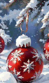 A Diamond Painting Rendering Of Red Christmas Ornament With Snowflake Design Hangs From Snow-covered Pine Branch In A Snowy Winter Setting. Size - 30cm X 50cm