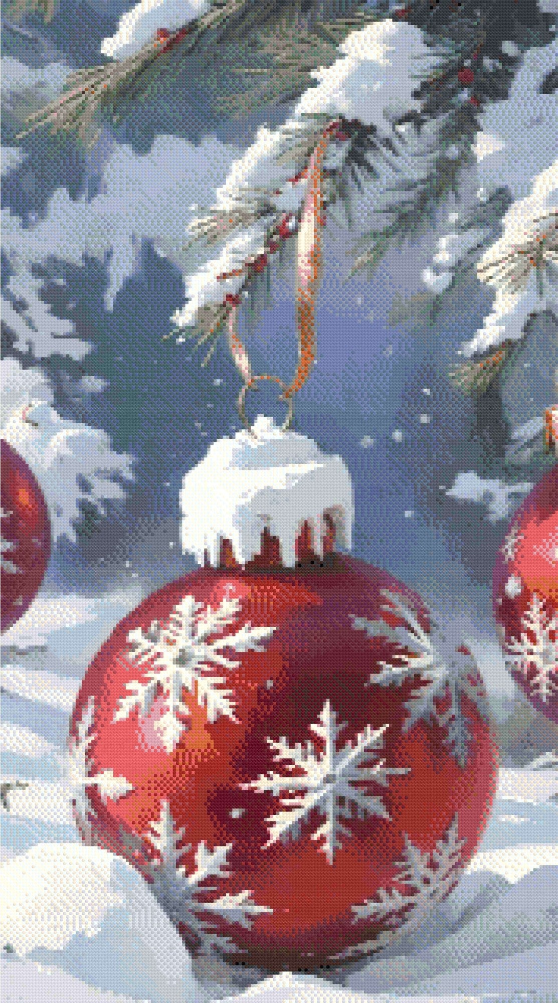A Diamond Painting Rendering Of Red Christmas Ornament With Snowflake Design Hangs From Snow-covered Pine Branch In A Snowy Winter Setting. Size - 50cm X 90cm