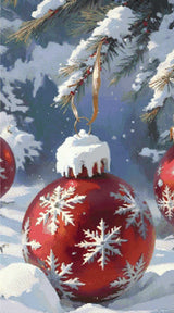 A Diamond Painting Rendering Of Red Christmas Ornament With Snowflake Design Hangs From Snow-covered Pine Branch In A Snowy Winter Setting. Size - 50cm X 90cm