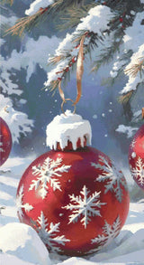 A Diamond Painting Rendering Of Red Christmas Ornament With Snowflake Design Hangs From Snow-covered Pine Branch In A Snowy Winter Setting. Size - 60cm X 110cm