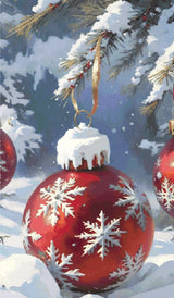 A Diamond Painting Rendering Of Red Christmas Ornament With Snowflake Design Hangs From Snow-covered Pine Branch In A Snowy Winter Setting. Size - 70cm X 120cm