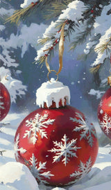 A Diamond Painting Rendering Of Red Christmas Ornament With Snowflake Design Hangs From Snow-covered Pine Branch In A Snowy Winter Setting. Size - 70cm X 120cm