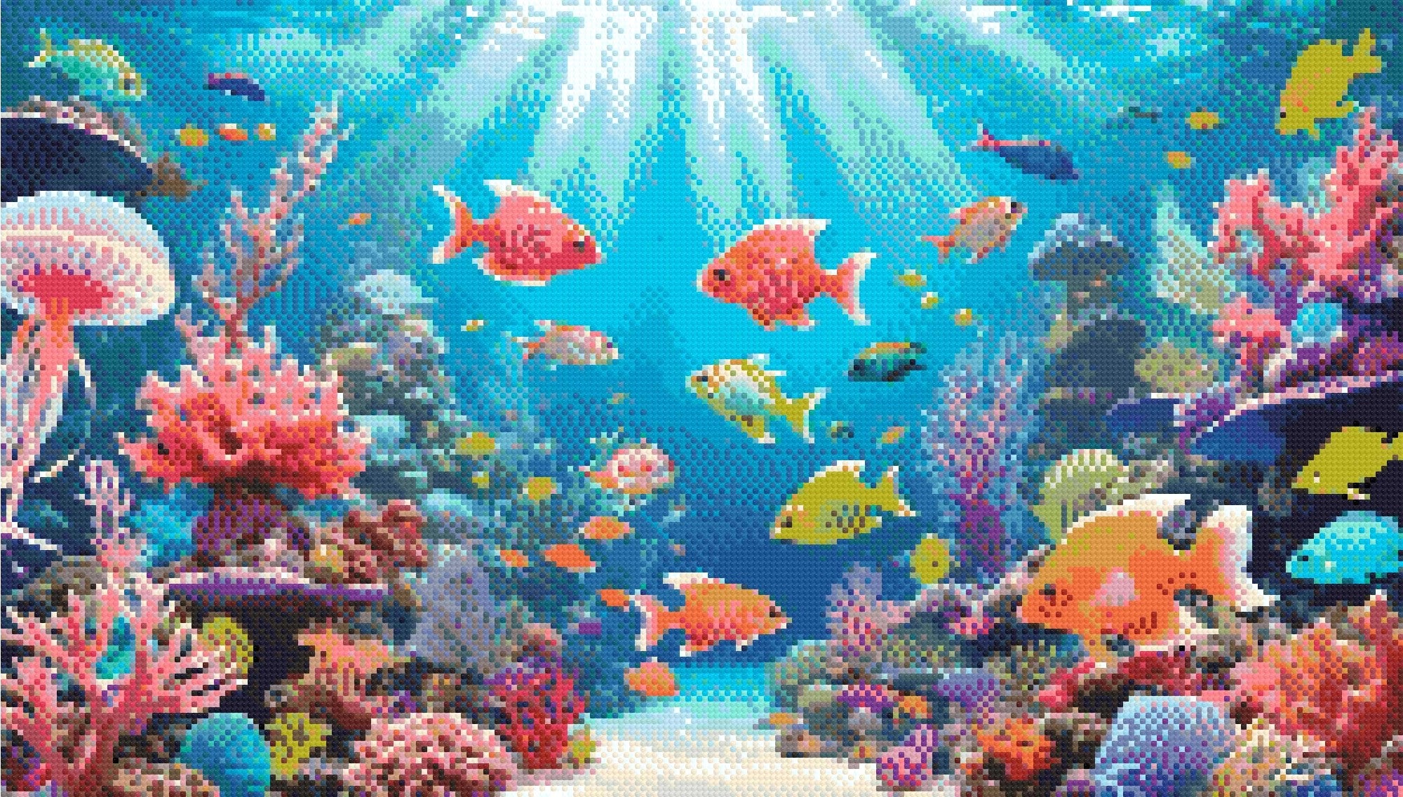 A Diamond Painting Rendering Of Colourful Fish And Coral Reefs Illuminated By Sunlight In A Vibrant Underwater Scene. Size - 70cm X 40cm