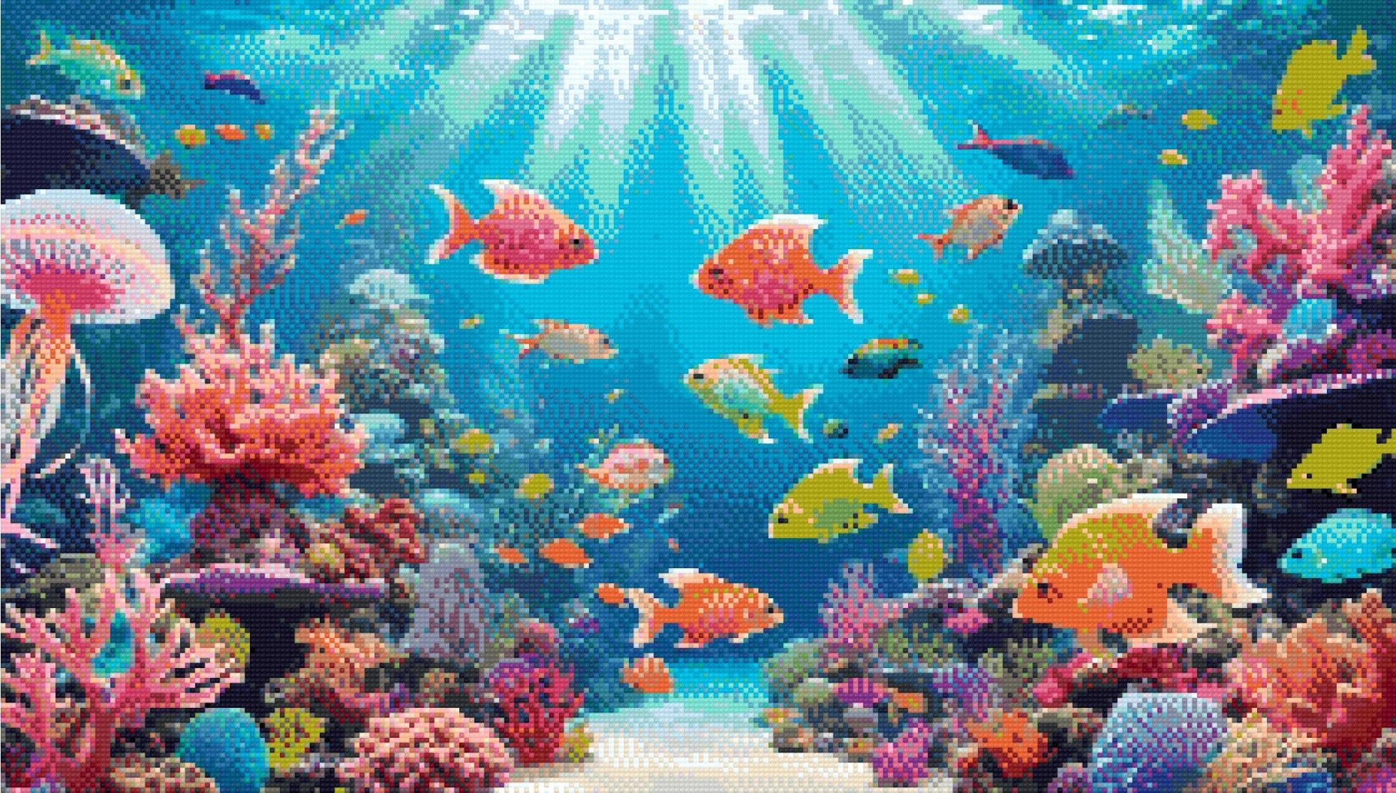 A Diamond Painting Rendering Of Colourful Fish And Coral Reefs Illuminated By Sunlight In A Vibrant Underwater Scene. Size - 70cm X 40cm