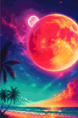 A Diamond Painting Rendering Of Fantasy Beach Scene With Glowing Red Planet, Stars, Palm Trees, And A Vivid Cosmic Sky At Sunset. Size - 40cm X 60cm