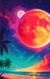 A Diamond Painting Rendering Of Fantasy Beach Scene With Glowing Red Planet, Stars, Palm Trees, And A Vivid Cosmic Sky At Sunset. Size - 50cm X 80cm