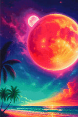 A Diamond Painting Rendering Of Fantasy Beach Scene With Glowing Red Planet, Stars, Palm Trees, And A Vivid Cosmic Sky At Sunset. Size - 60cm X 90cm