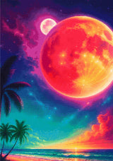 A Diamond Painting Rendering Of Fantasy Beach Scene With Glowing Red Planet, Stars, Palm Trees, And A Vivid Cosmic Sky At Sunset. Size - 70cm X 100cm