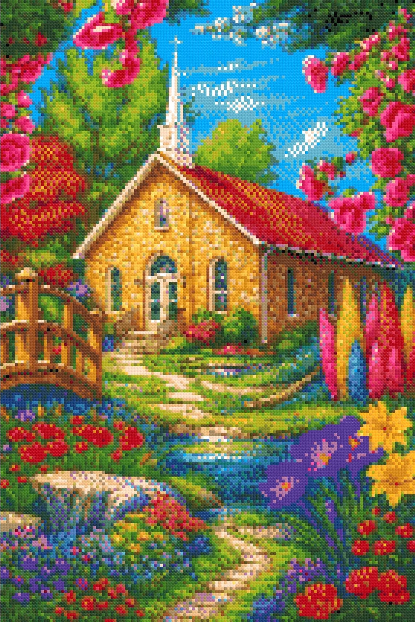 A Diamond Painting Rendering Of A Stone Church With Red Roof Surrounded By Colourful Flowers, Trees, And A Small Stream With A Wooden Bridge. Size - 40cm X 60cm